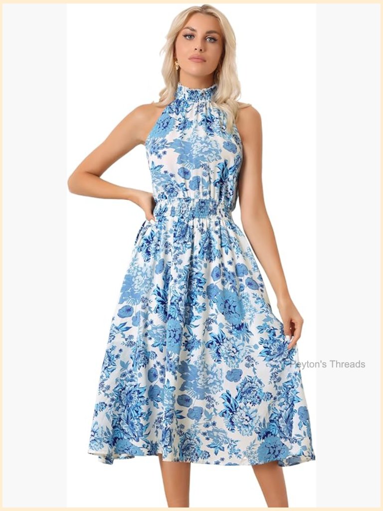 Boho Halter Neck Sleeveless Floral Print Midi Sundress Elastic Waist